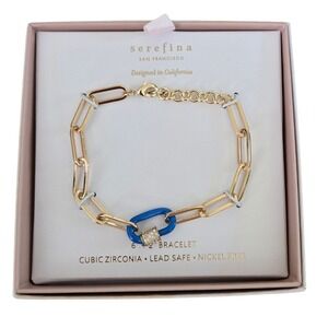 Serefina‎ Bracelet Gold Blue New Cubic Zirconia Paperclip Link Chain